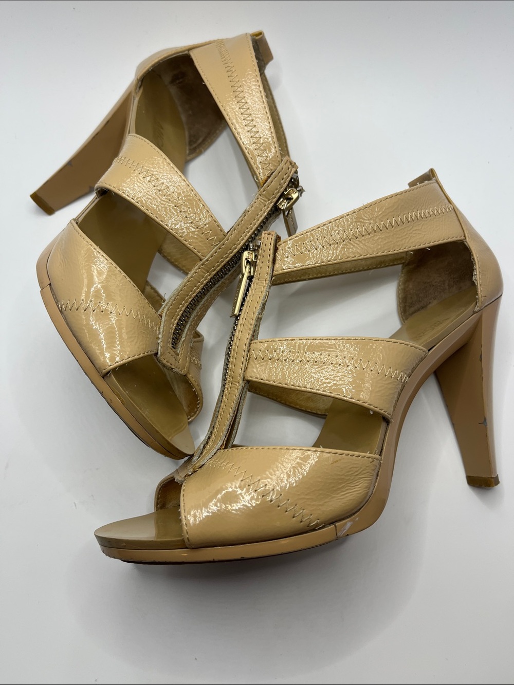 Neutral Tan Zip-Front Strappy Heels for Women - Picture 6 of 8